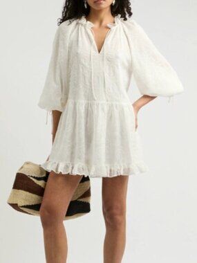 Alice + Olivia Sherrie Broderie Anglaise Chiffon Mini Dress in Off White